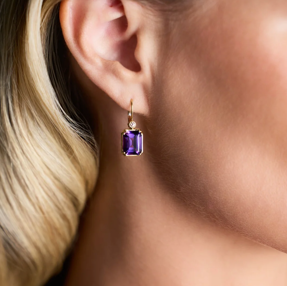Rectangular Amethyst Drop Earrings in 18K Yellow Gold