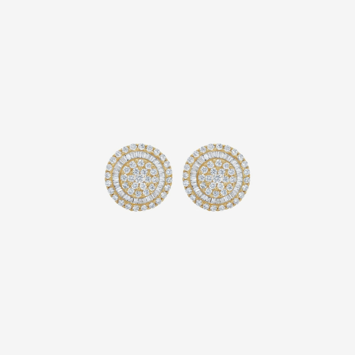 14mm Diamond Cluster Stud Earrings in 18K Yellow Gold, gray background | JJ Jewelry Miami