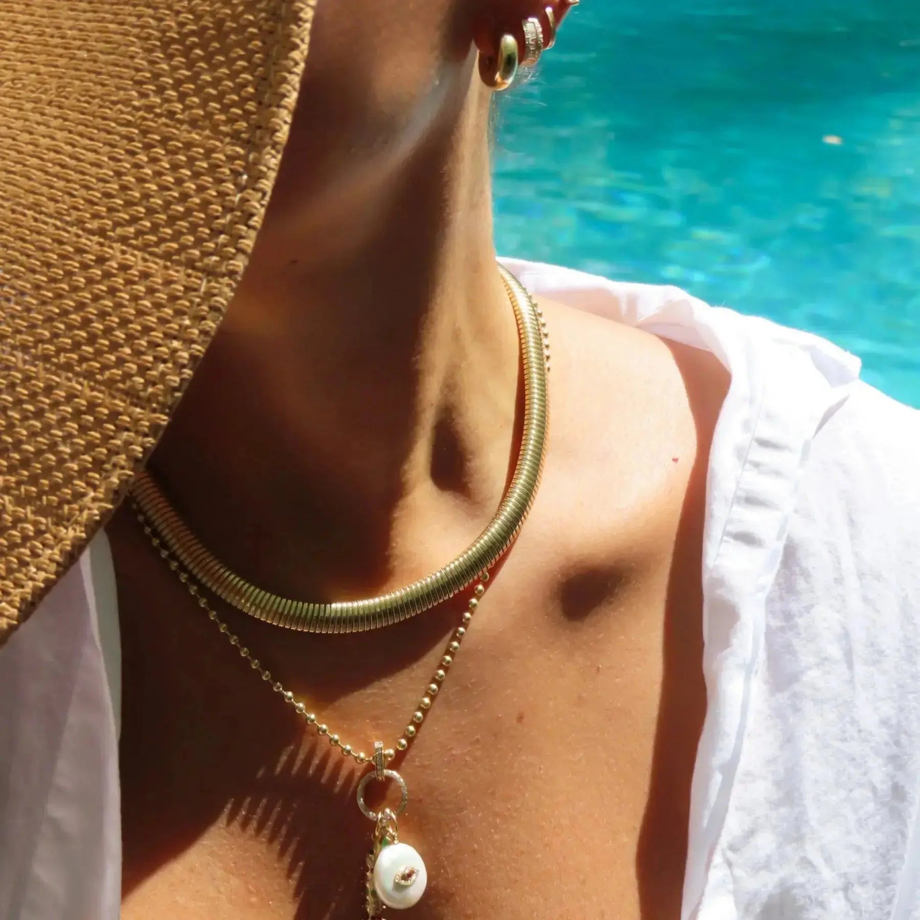 Polished gold bead necklace minimalist fine jewelry design