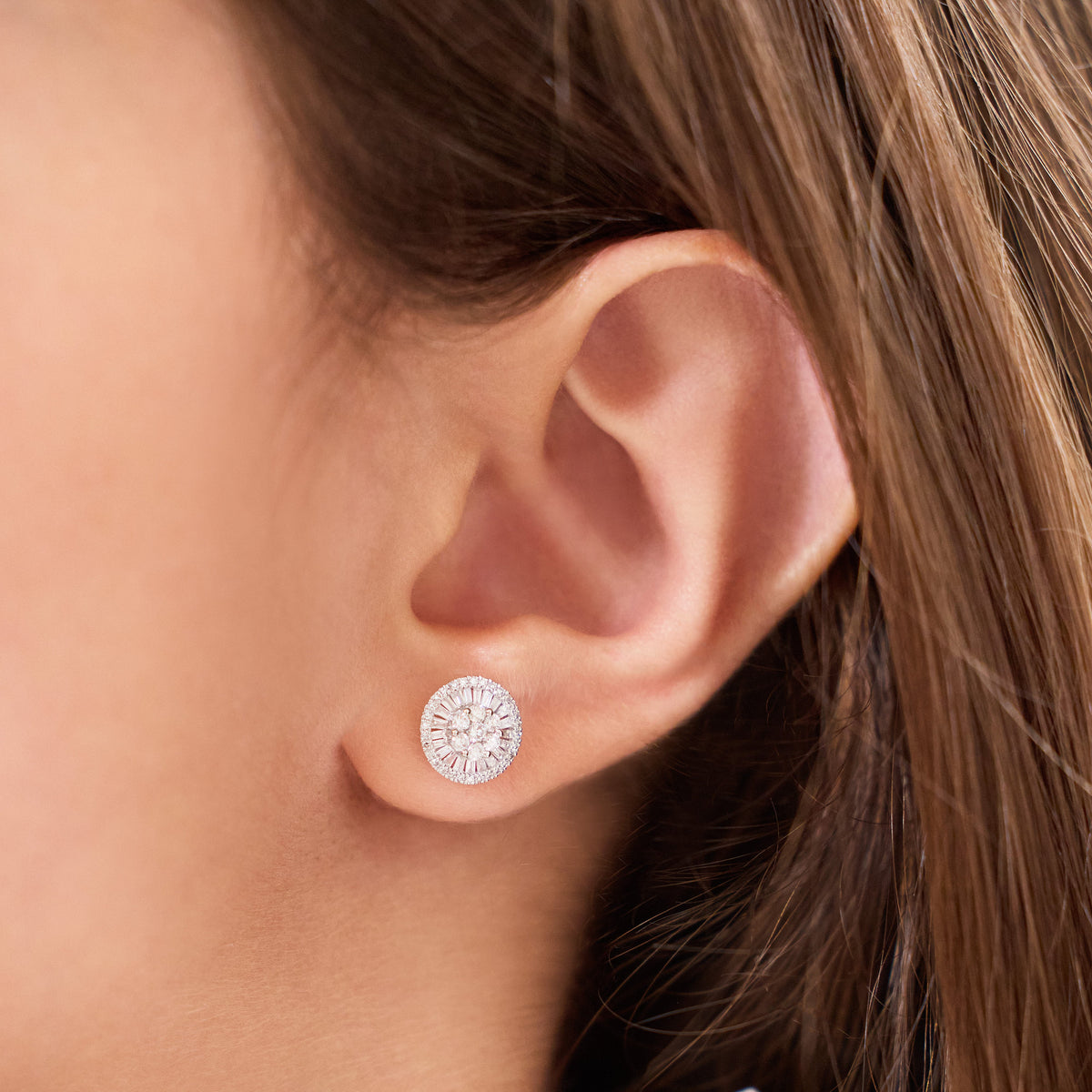 Diamond Halo Stud Earrings in 18K Gold, view 3 | JJ Jewelry Miami