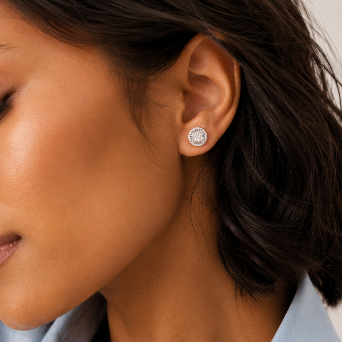 Diamond Halo Stud Earrings in 18K Gold, view 4 | JJ Jewelry Miami
