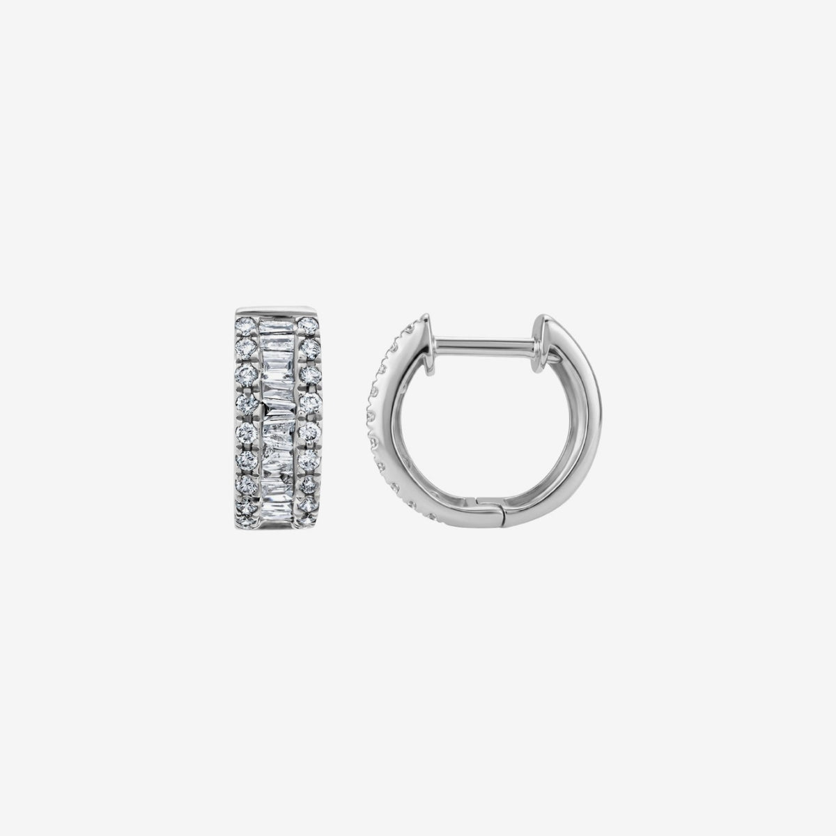 Baguette Diamond Hoop Earrings, view 2, gray background | JJ Jewelry Miami