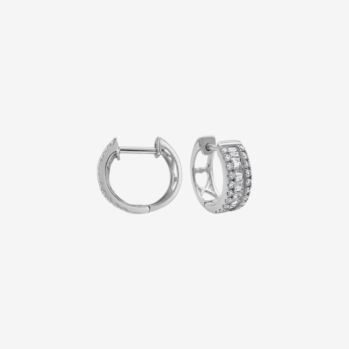 Baguette Diamond Hoop Earrings, view 3, gray background | JJ Jewelry Miami