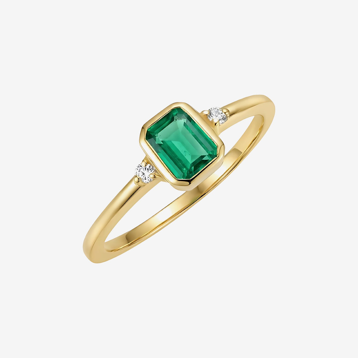 Bezel-Set Emerald and Diamond Stackable Ring in 14K Yellow Gold | JJ Jewelry