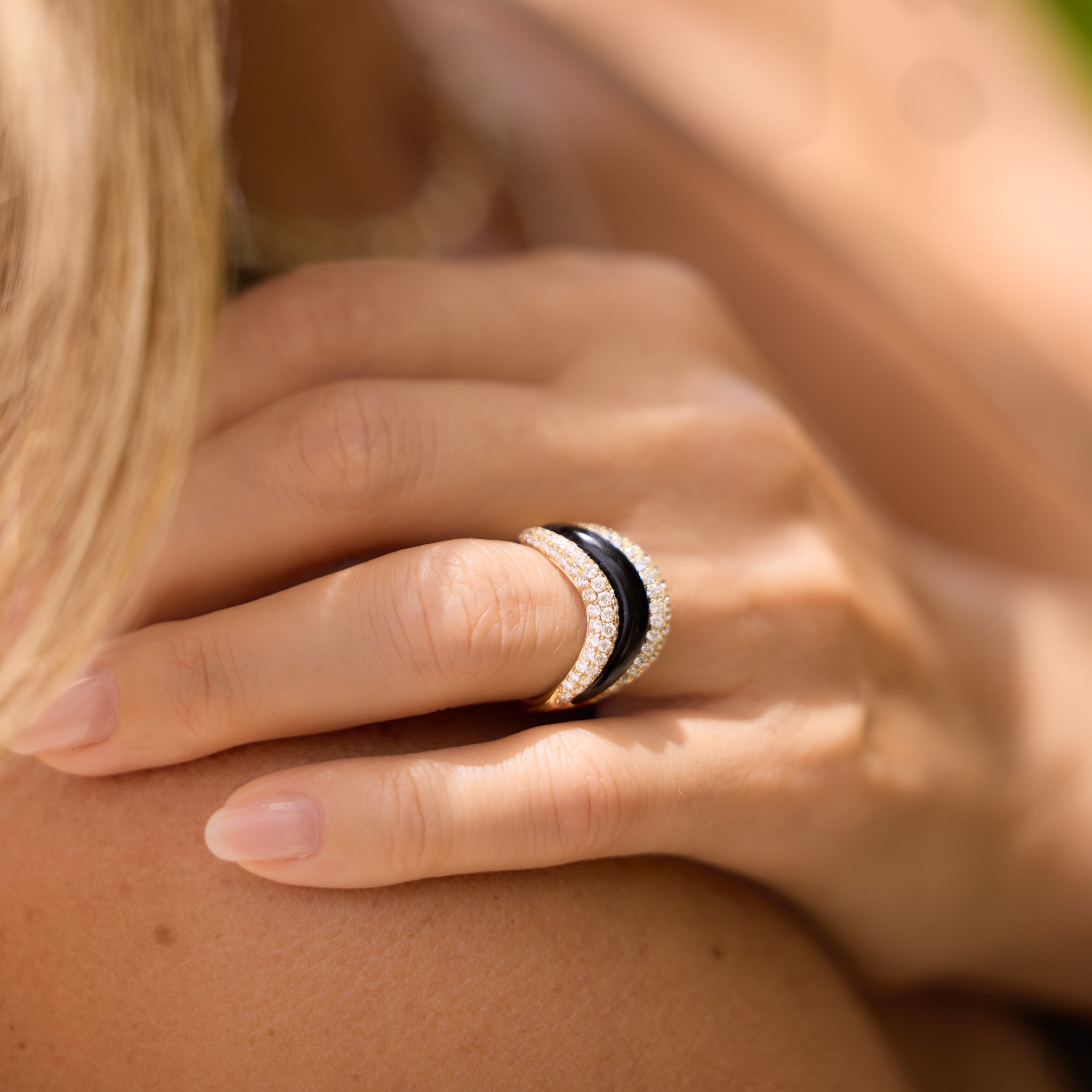 Black Agate & Diamond Cocktail Ring in 18K Yellow Gold