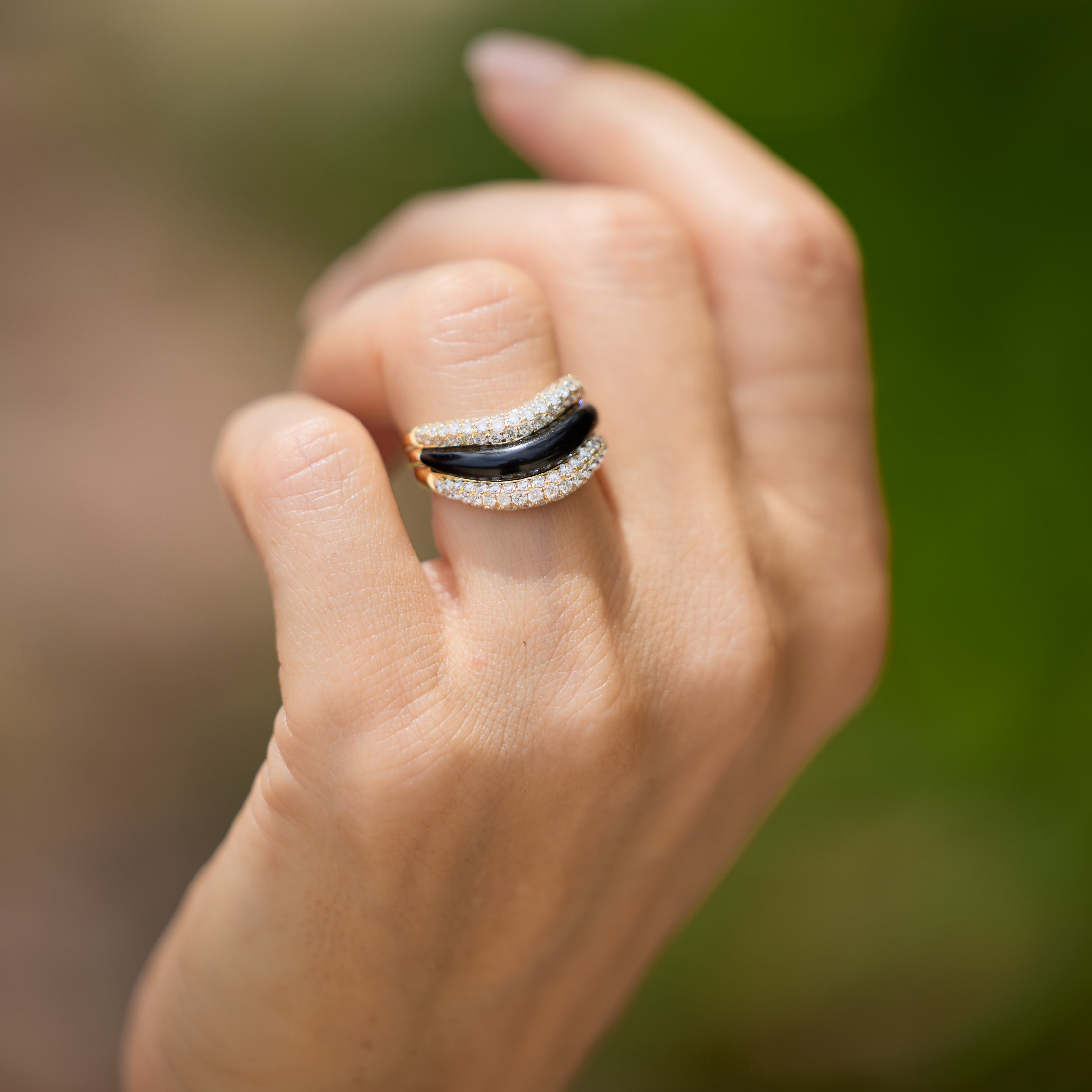 Black Agate & Diamond Cocktail Ring in 18K Yellow Gold