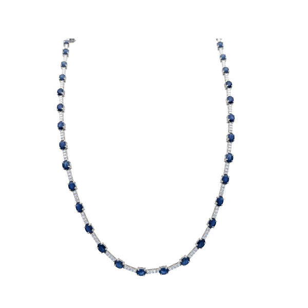 Blue Sapphire & Diamond Necklace in 14K White Gold | JJ Jewelry Miami