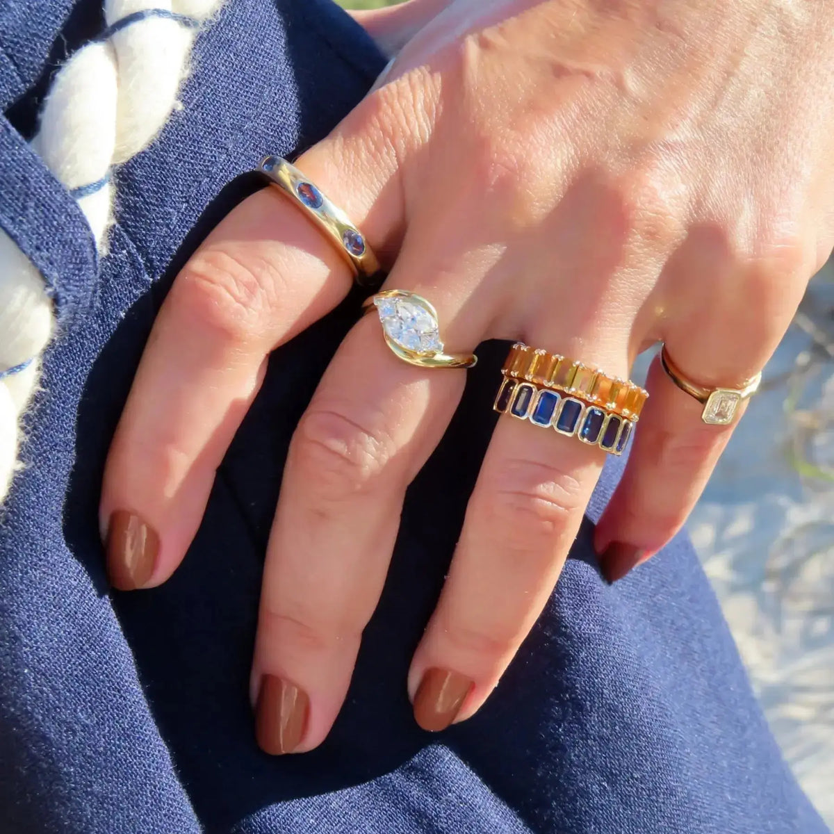 Blue Sapphire Flush-Set Dome Ring, lifestyle view 2 | JJ Jewelry
