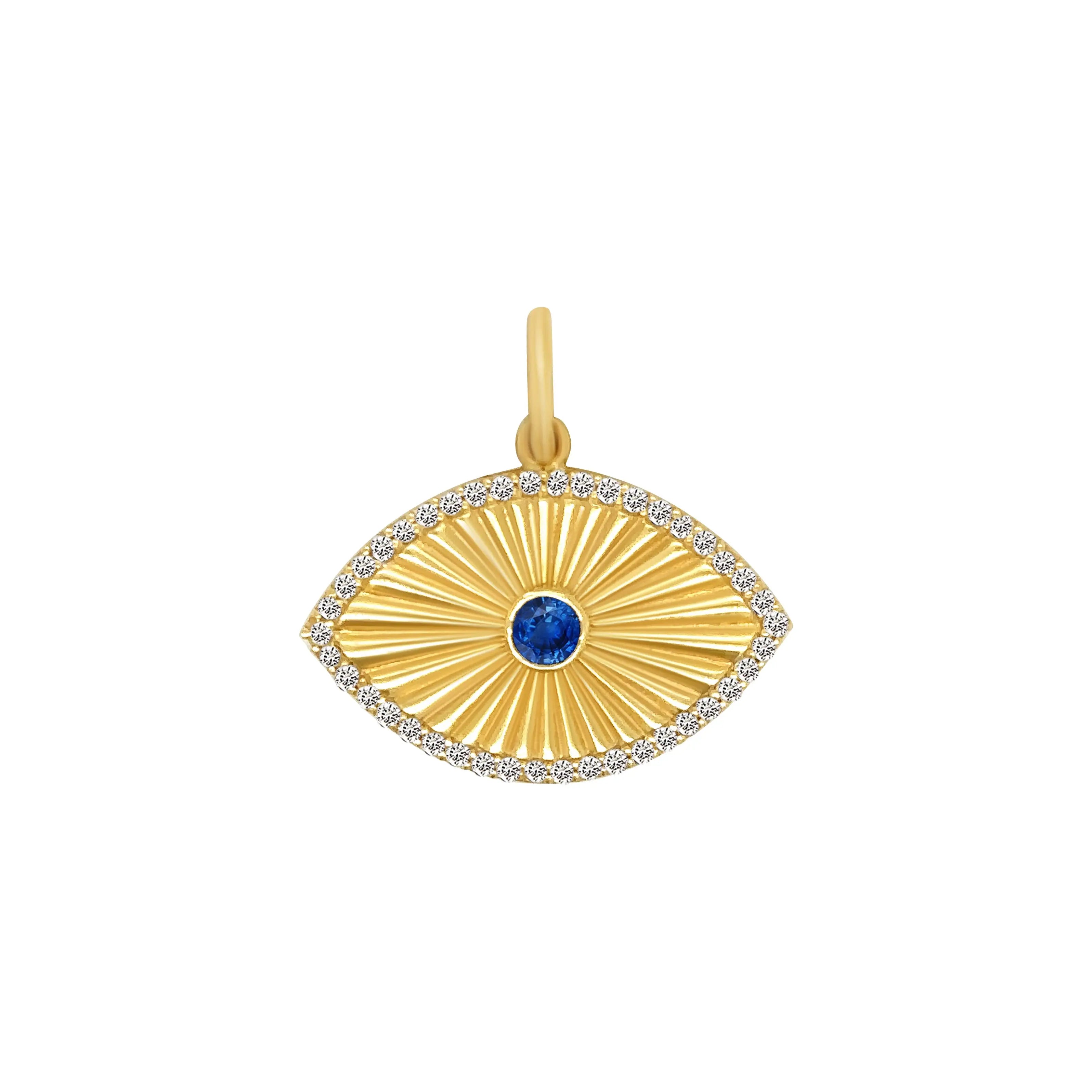Blue Sapphire & Diamond Eye Pendant in 14K Yellow Gold | JJ Jewelry Miami