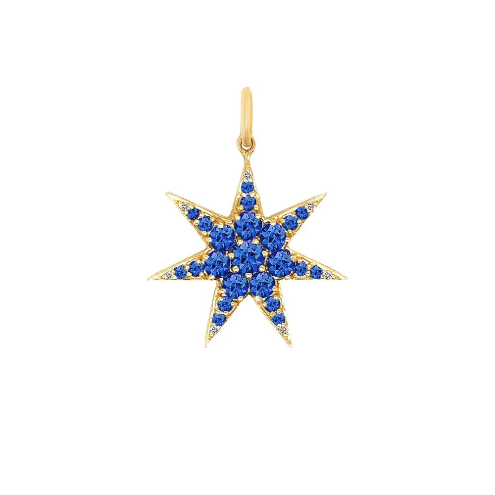 Blue Sapphire & Diamond Star Pendant in 14K Yellow Gold | JJ Jewelry Miami