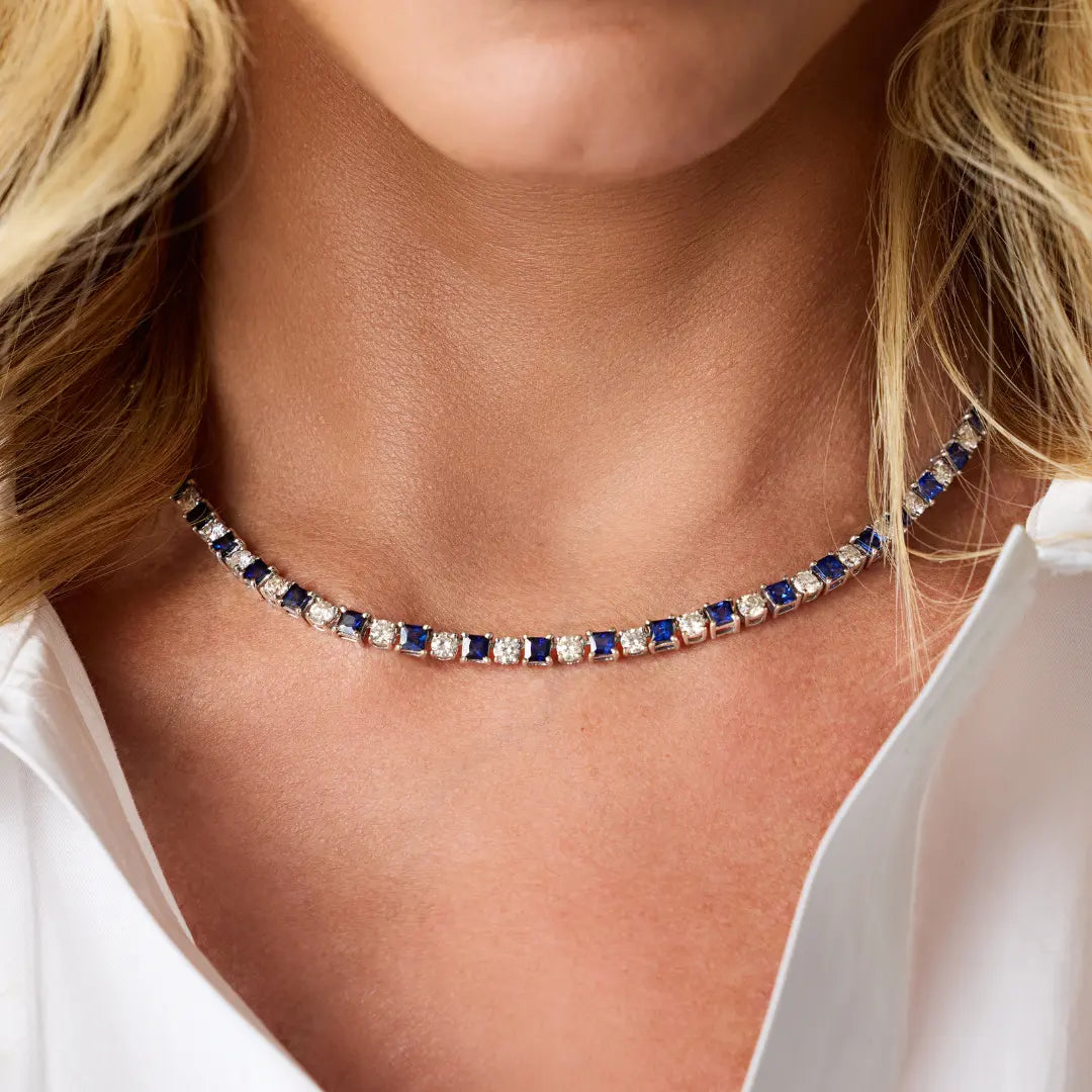 Blue Sapphire and Diamond Tennis Necklace in White Gold Princess Jewelry Shop