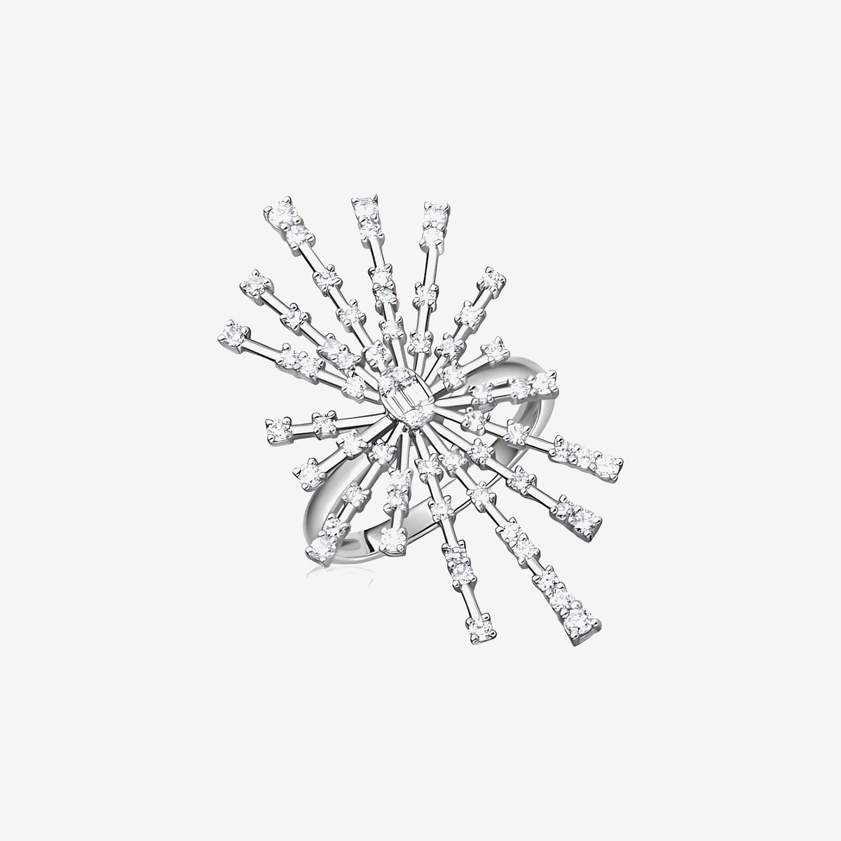 Celestial Comet Emerald-Cut Diamond Burst Cocktail Ring in 18K White Gold | JJ Jewelry