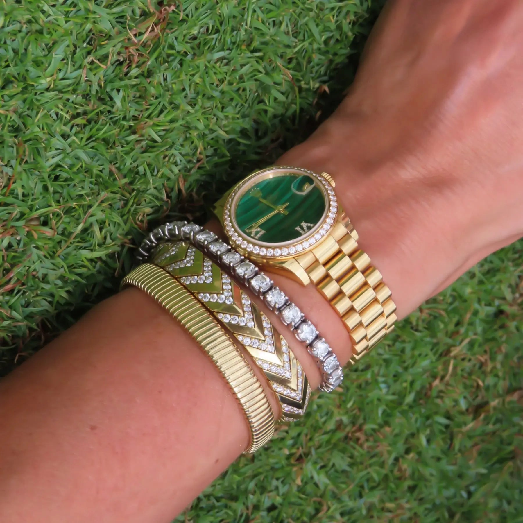 Chevron diamond flexible bangle bracelet in 18K yellow gold by JJ Jewelry