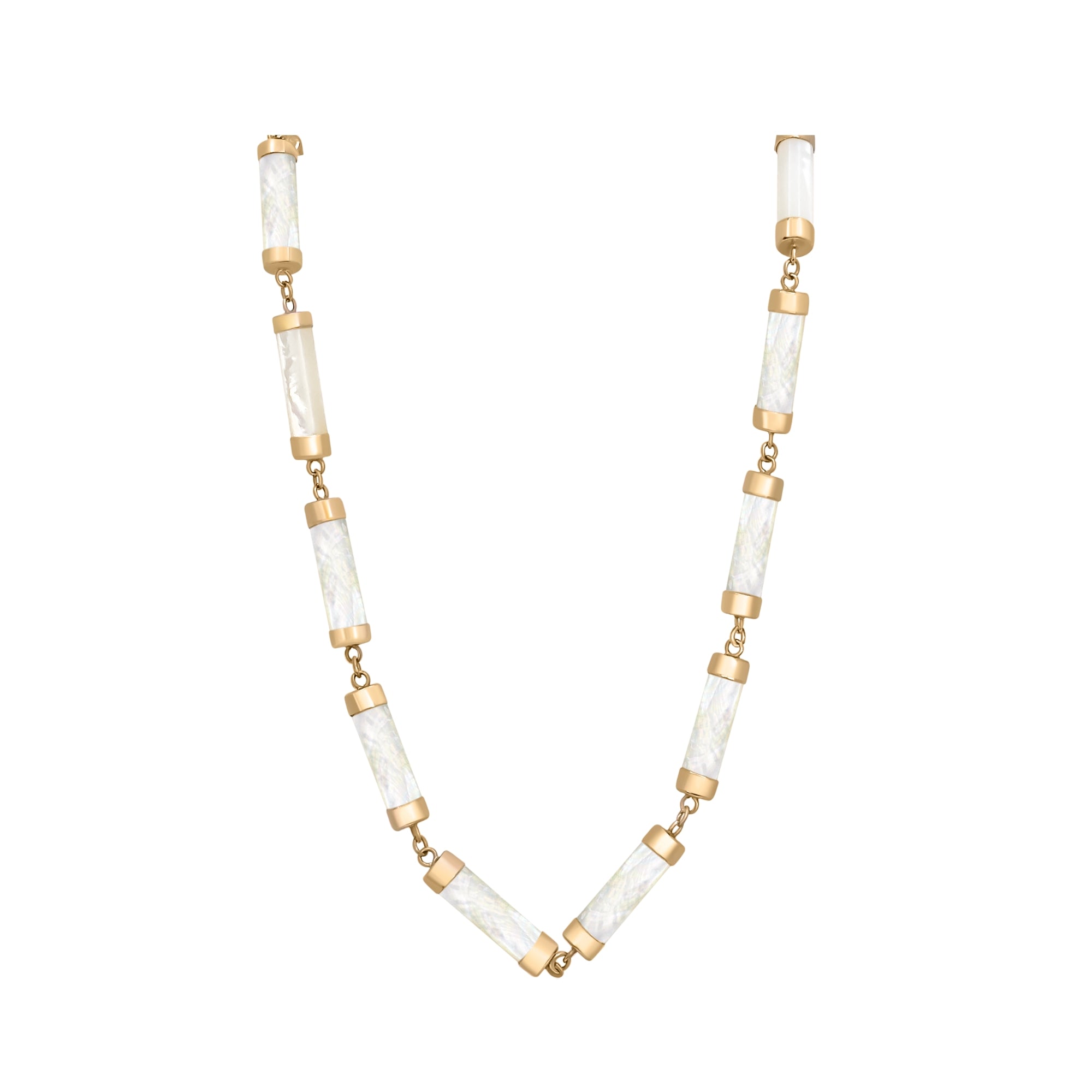 Mother of pearl cylinder link necklace in 14K gold