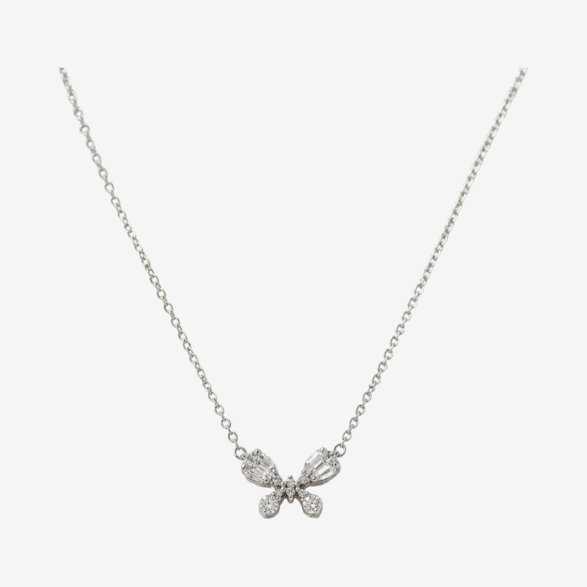 Diamond Butterfly Pendant Necklace in 18K White Gold, gray background | JJ Jewelry Miami