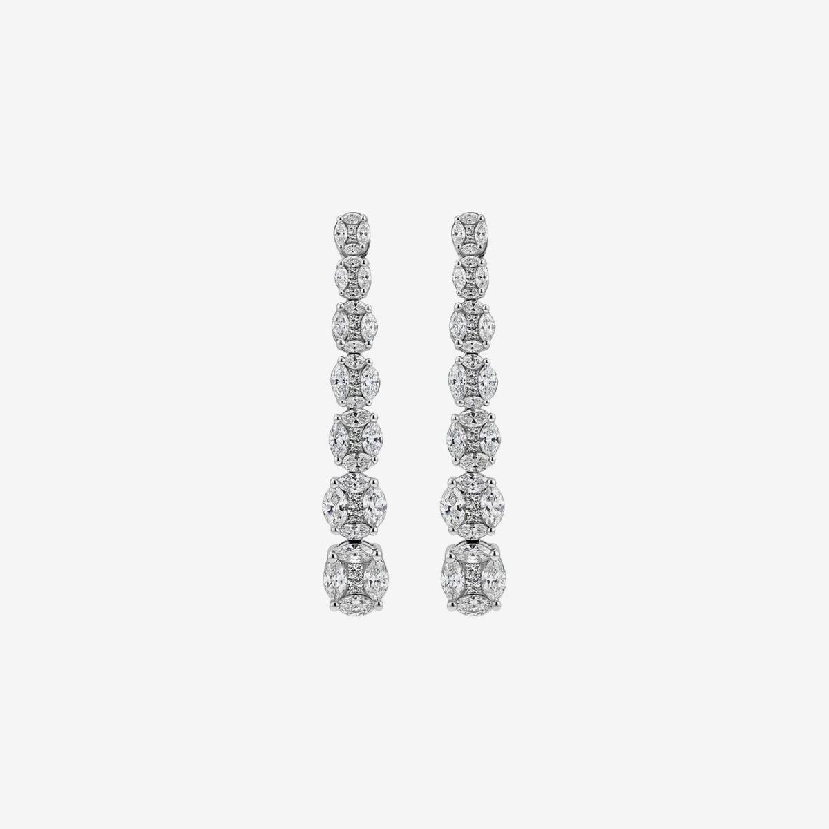 Diamond Mosaic Long Drop Earrings in 18K White Gold, gray background | JJ Jewelry Miami