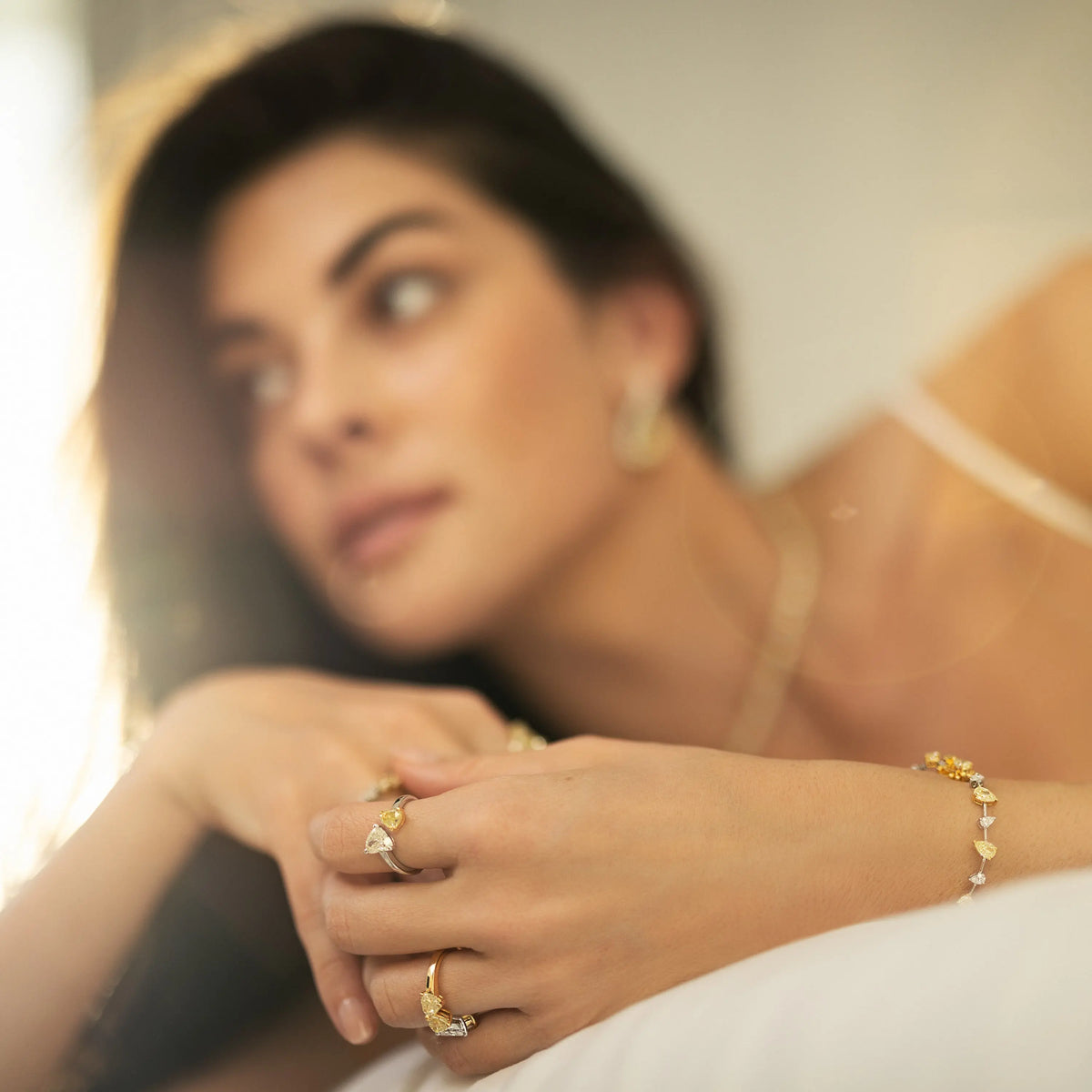 Double Heart Yellow and White Diamond Open Ring, lifestyle view 3 | JJ Jewelry