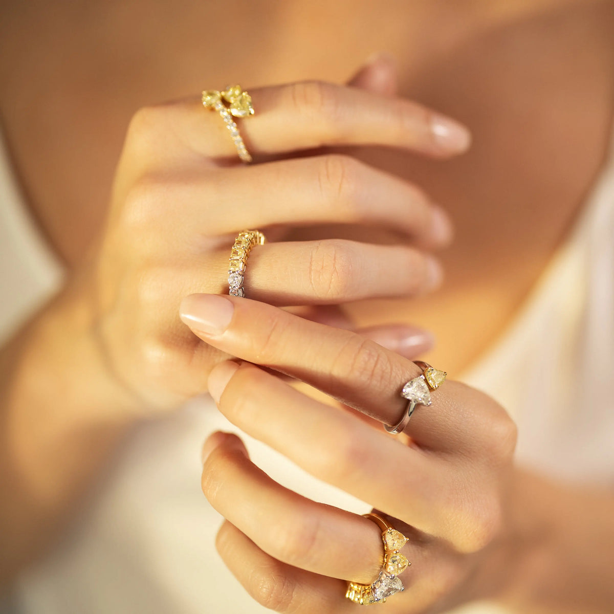 Double Heart Yellow and White Diamond Open Ring, lifestyle view 2 | JJ Jewelry