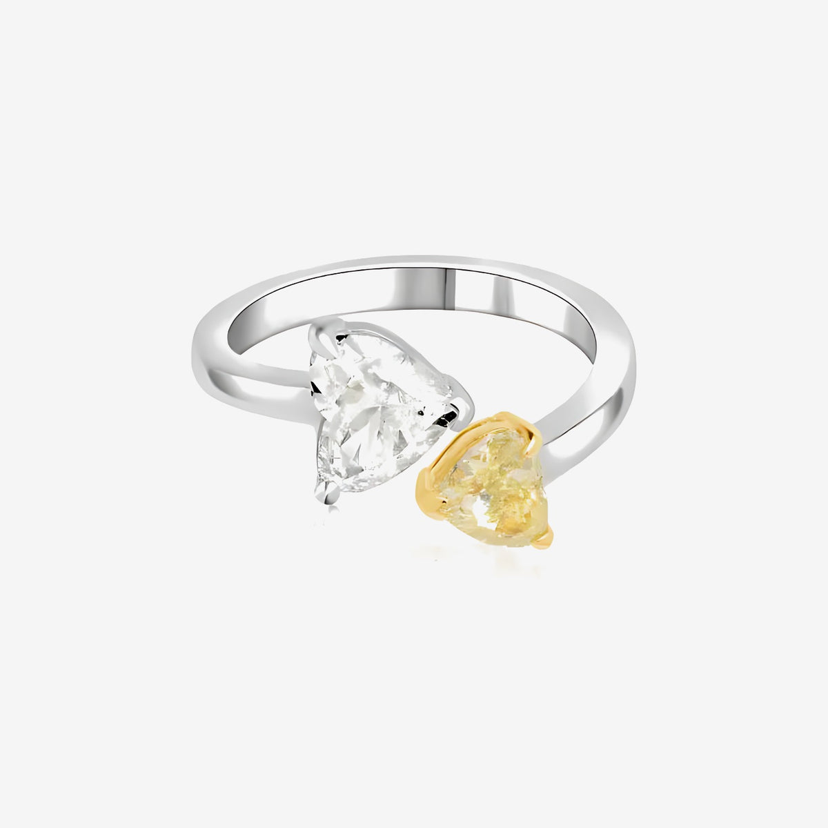 Double Heart Yellow and White Diamond Open Ring in 18K White Gold | JJ Jewelry