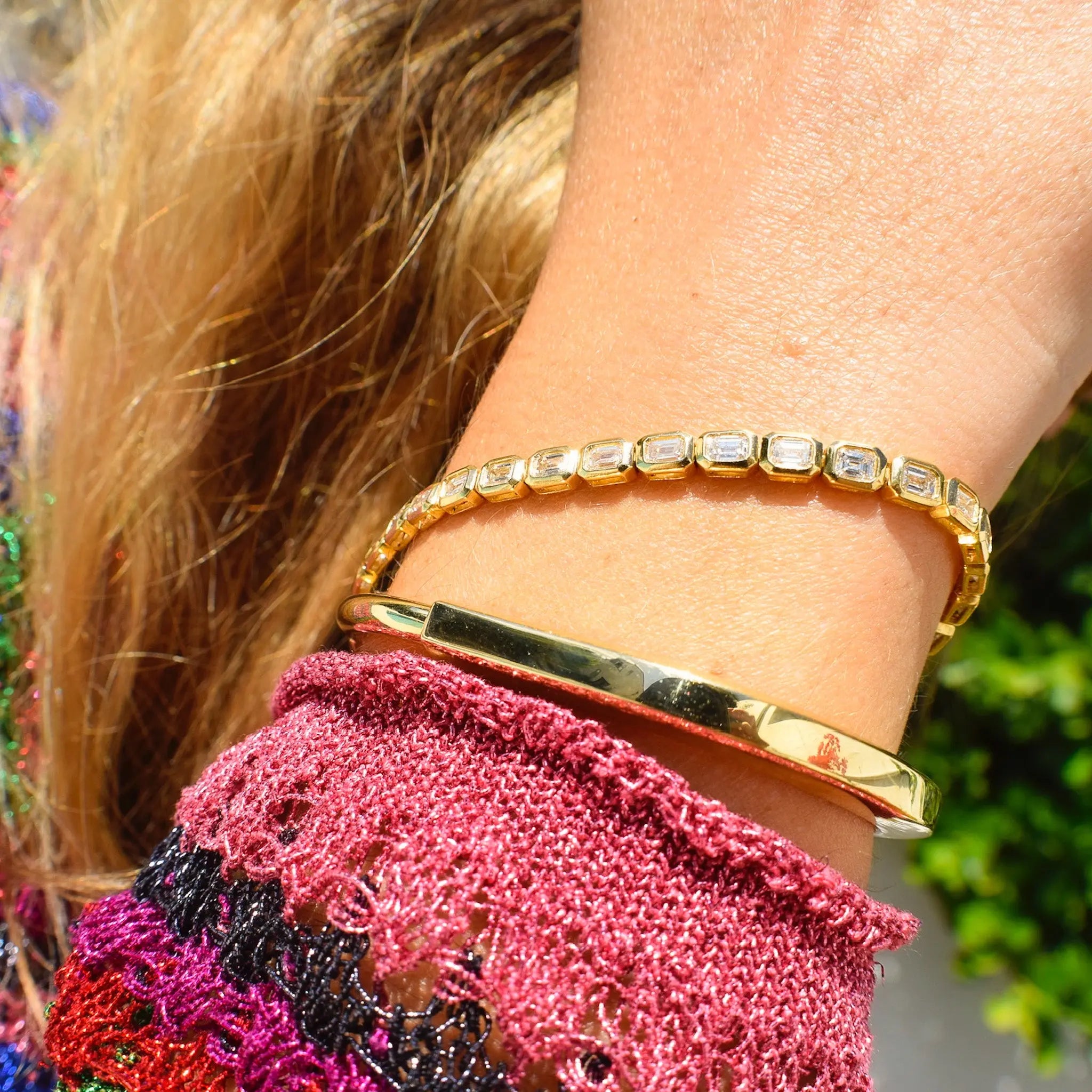 Emerald-Cut Bezel Diamond Bracelet in Yellow Gold, lifestyle view 1 | JJ Jewelry