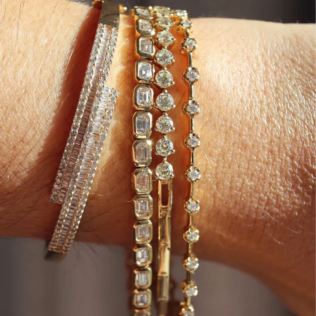 Emerald-Cut Bezel Diamond Bracelet in Yellow Gold, lifestyle view 2 | JJ Jewelry