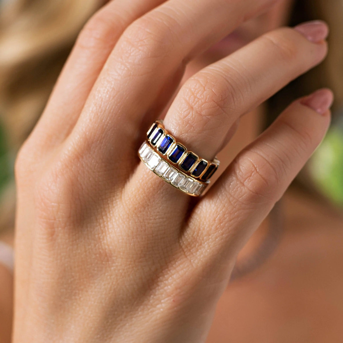 Emerald-Cut Diamond Eternity Band, lifestyle view 1 | JJ Jewelry
