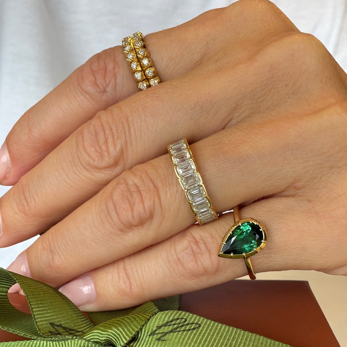 Emerald Cut Diamond Eternity Ring in 18K Yellow Gold | JJ Jewelry Miami