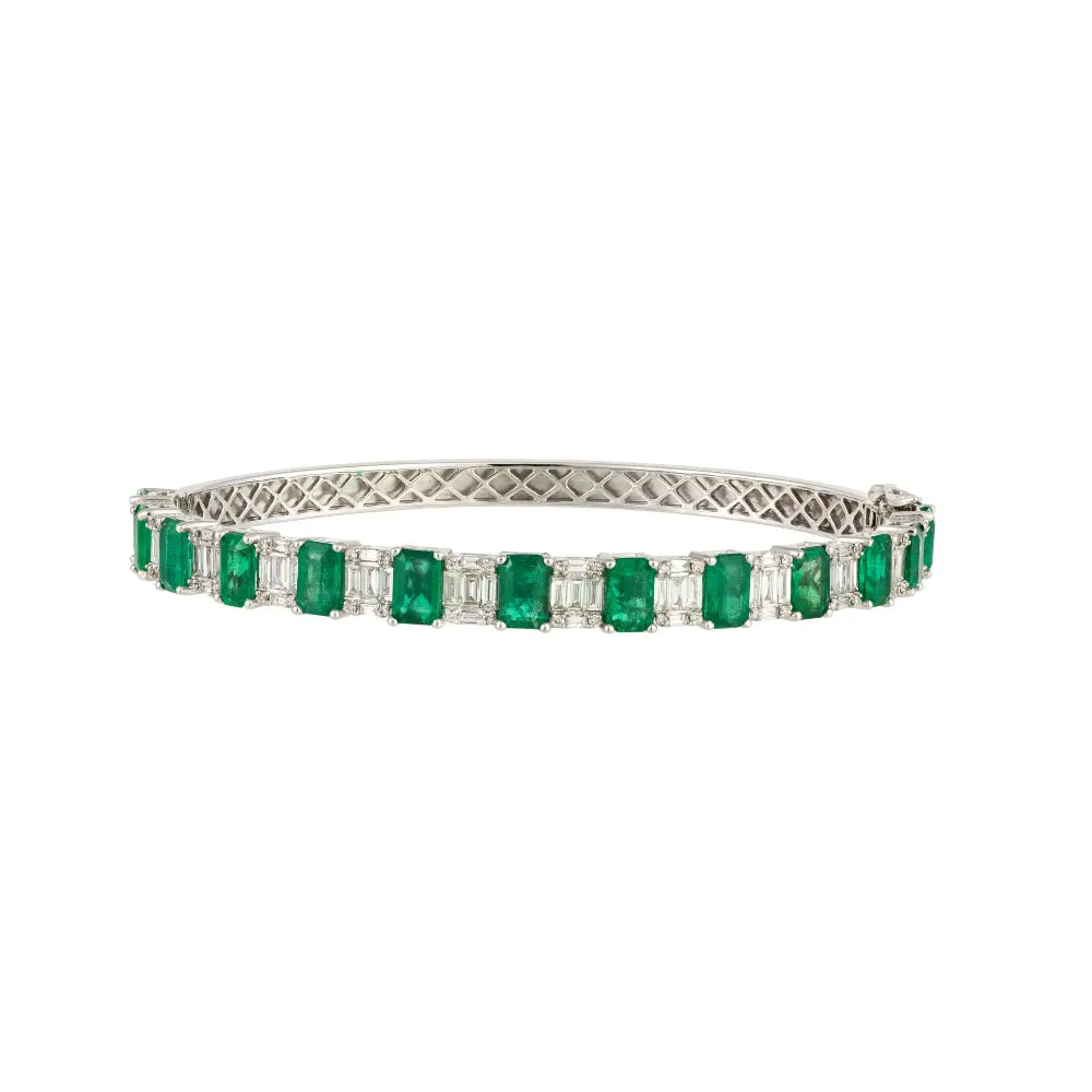 Emerald & Diamond Half Bangle in 18K White Gold | JJ Jewelry Miami