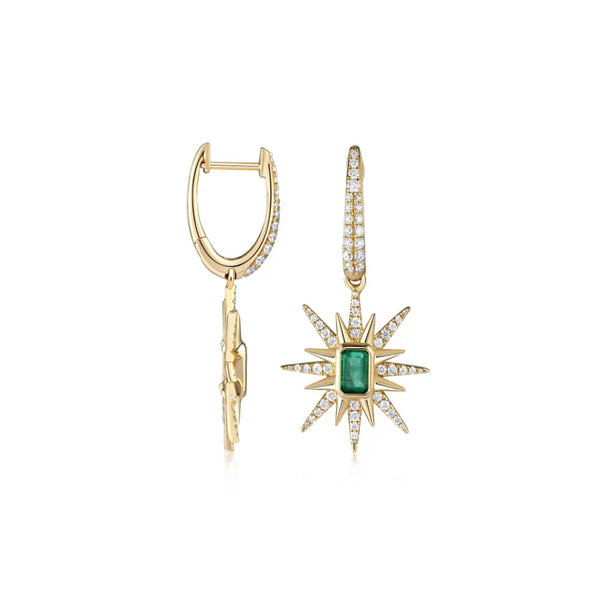 Emerald Starburst Diamond Drop Earrings in 18K Gold | JJ Jewelry Miami
