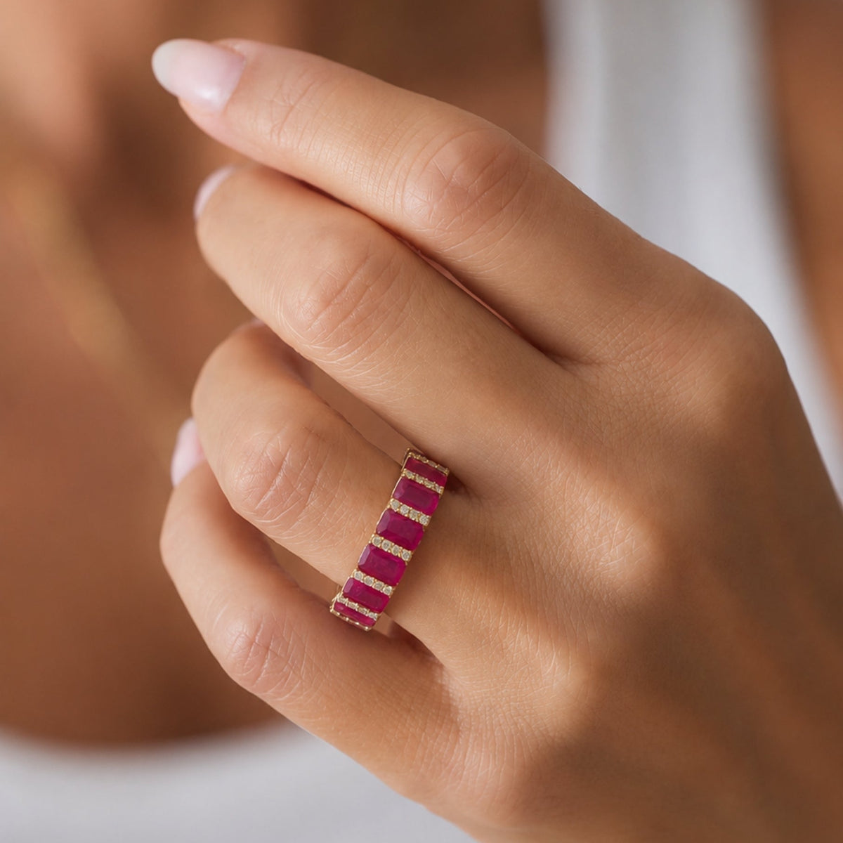 Emerald-Cut Ruby and Diamond Eternity Band, lifestyle view 2 | JJ Jewelry