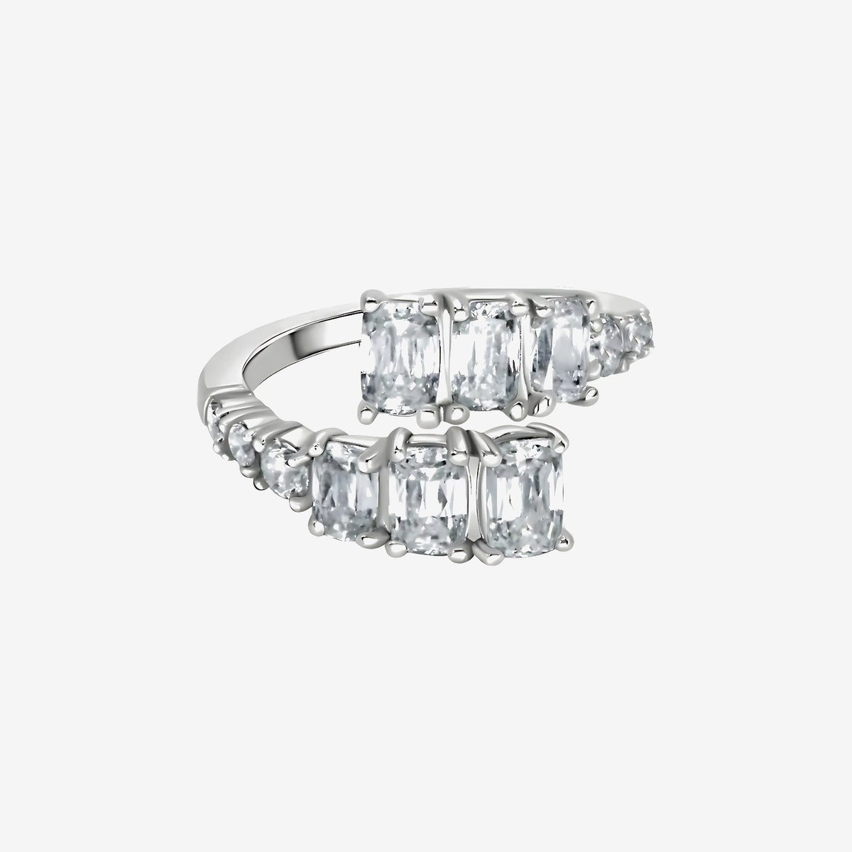 Emerald-Cut and Round Diamond Bypass Ring in 18K White Gold | JJ Jewelry