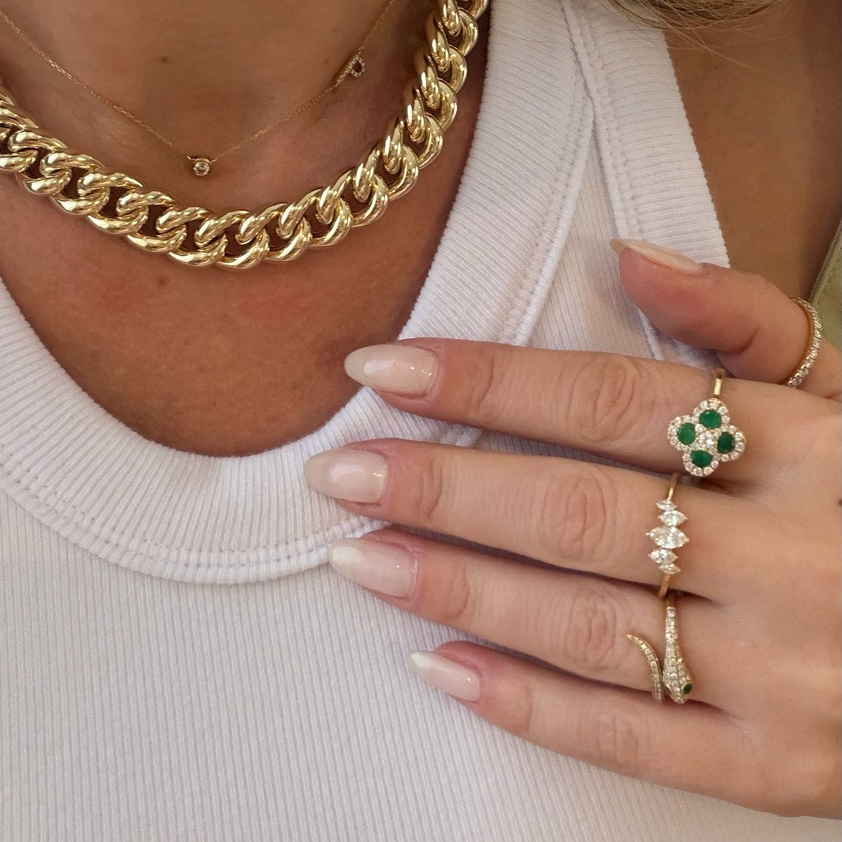 Emerald & Diamond Clover Flower Cocktail Ring in 14K Yellow Gold, view 2 | JJ Jewelry Miami