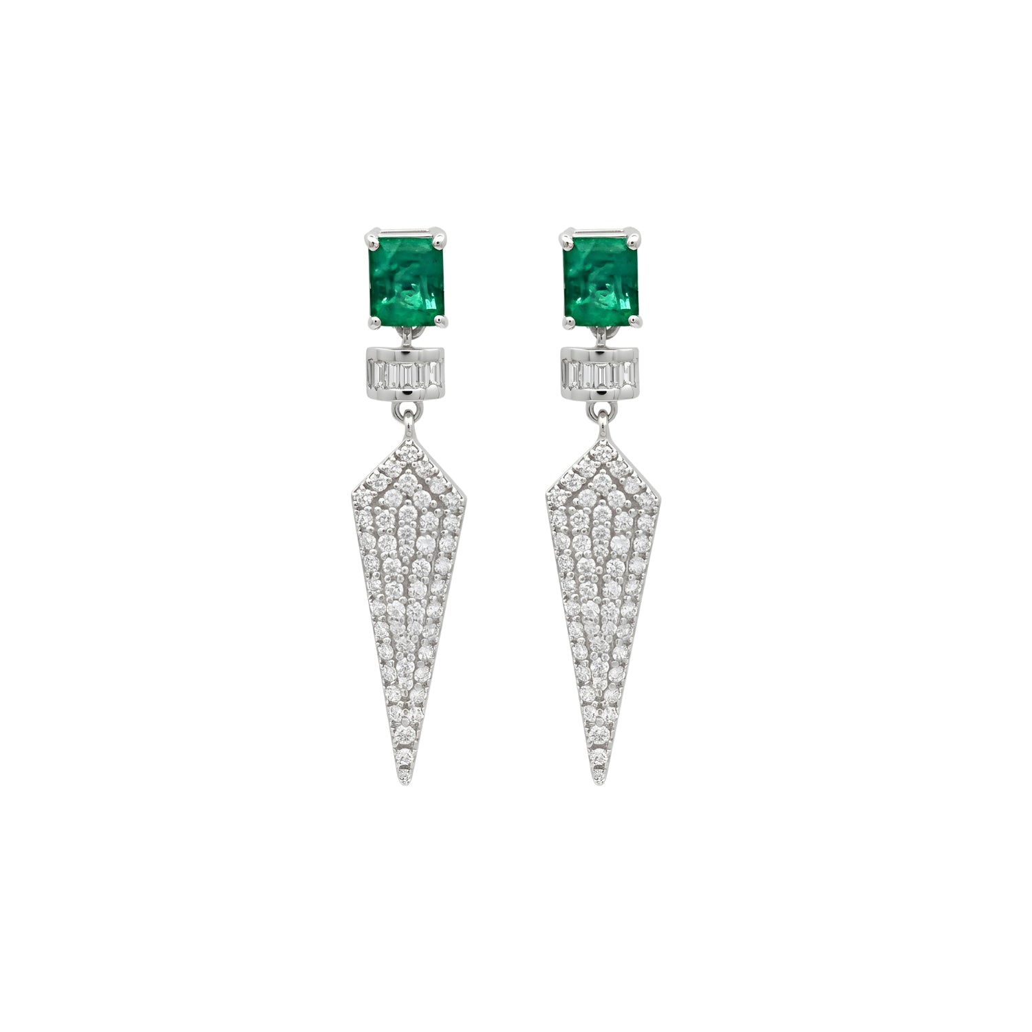 Emerald & Diamond Dancing Drop Earrings in 14K White Gold | JJ Jewelry Miami