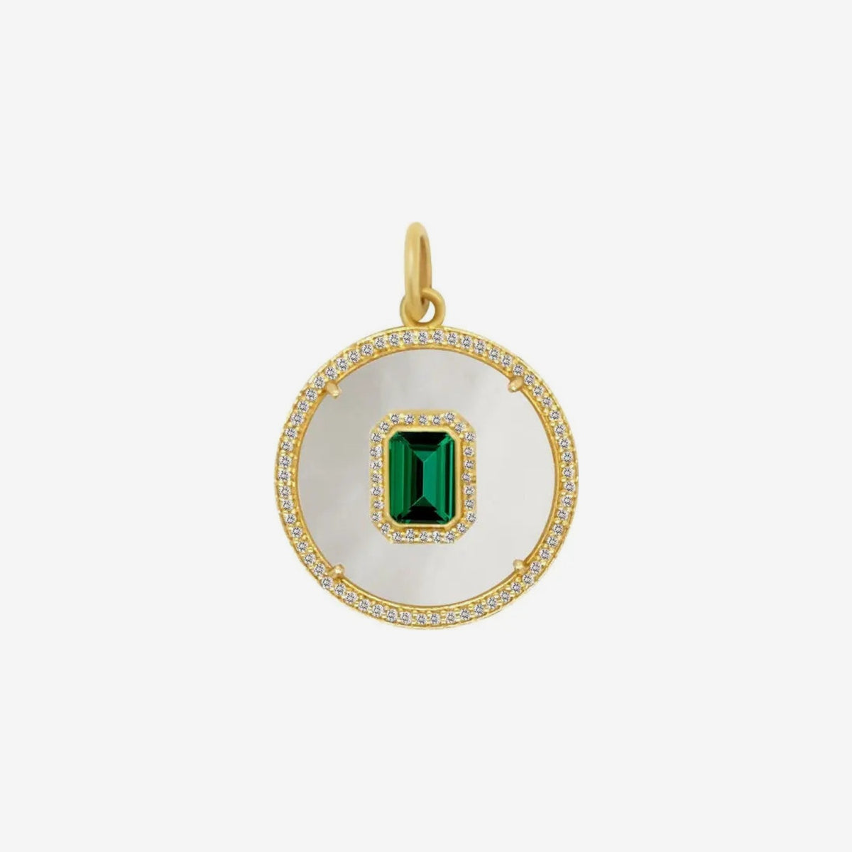 Emerald & Mother-of-Pearl Medallion Pendant with Diamonds in 14K Yellow Gold, view 2 | JJ Jewelry Miami