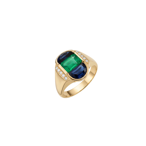 Emerald and Half-Moon Blue Sapphire Ring in 18K Yellow Gold
