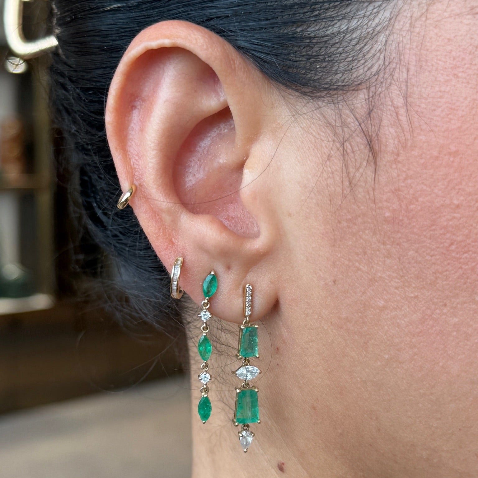 Emerald and Diamond Long Drop Earrings in 18K Yellow Gold