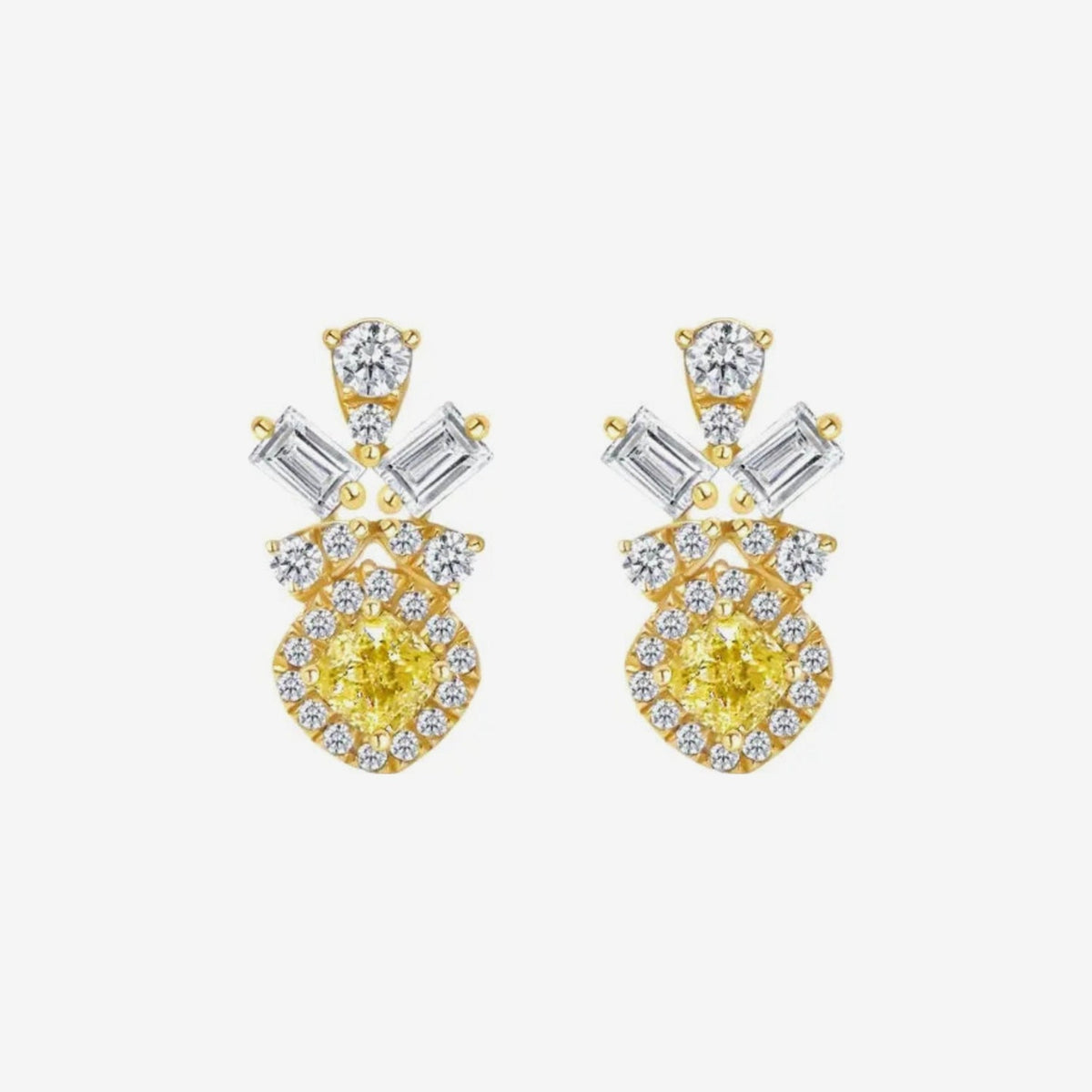 Fancy Yellow Diamond Cluster Drop Earrings in 18K Yellow Gold, gray background | JJ Jewelry Miami