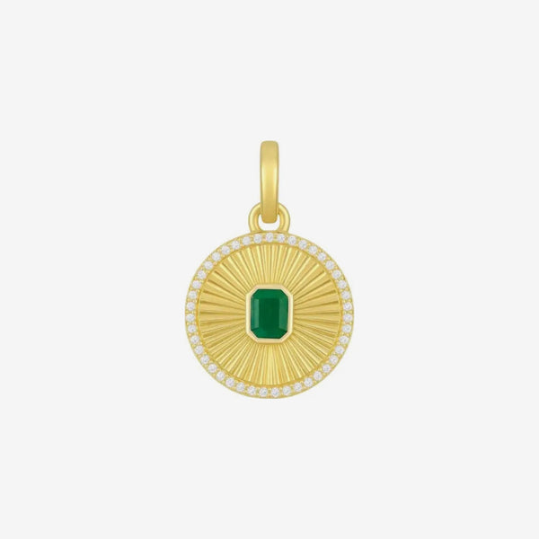 Fluted Emerald Disc Pendant with Diamonds in 14K Yellow Gold, view 2 | JJ Jewelry Miami