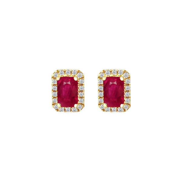 Ruby halo stud earrings framed by diamonds in 18K yellow gold