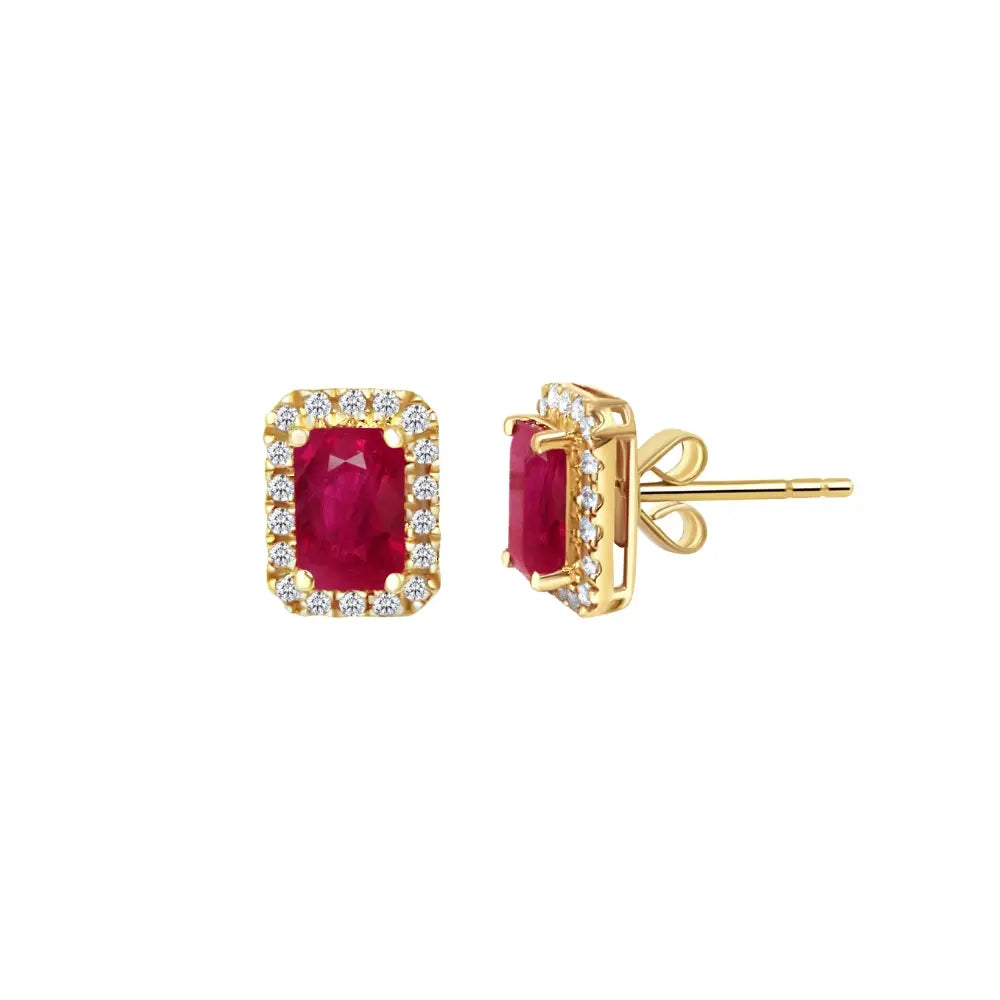 Ruby halo stud earrings framed by diamonds in 18K yellow gold