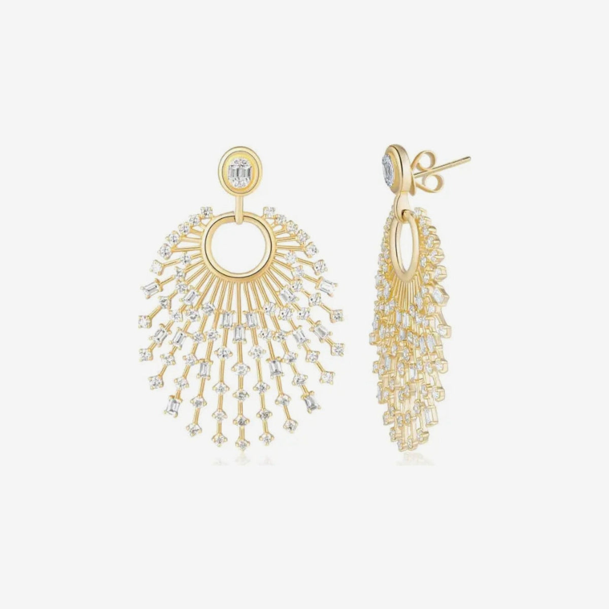 Glorious Sunburst Diamond Earrings in 18K Yellow Gold, gray background | JJ Jewelry Miami