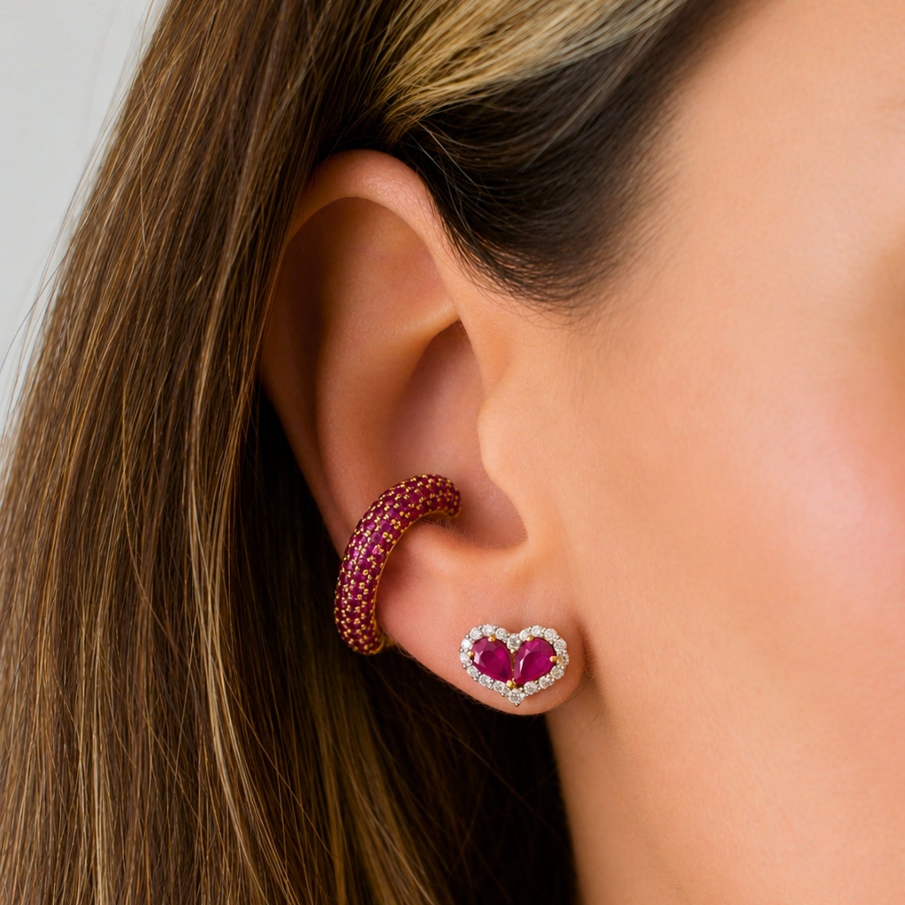 Heart Diamond Frame Earrings with Gemstone Center