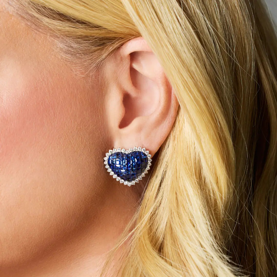 Heart-Shaped Blue Sapphire Earrings with Diamond Halo in White Gold Princess Jewelry Shop