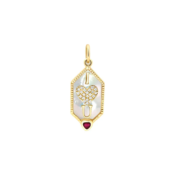 “I Love U” Diamond & Mother-of-Pearl Charm in Yellow Gold | JJ Jewelry