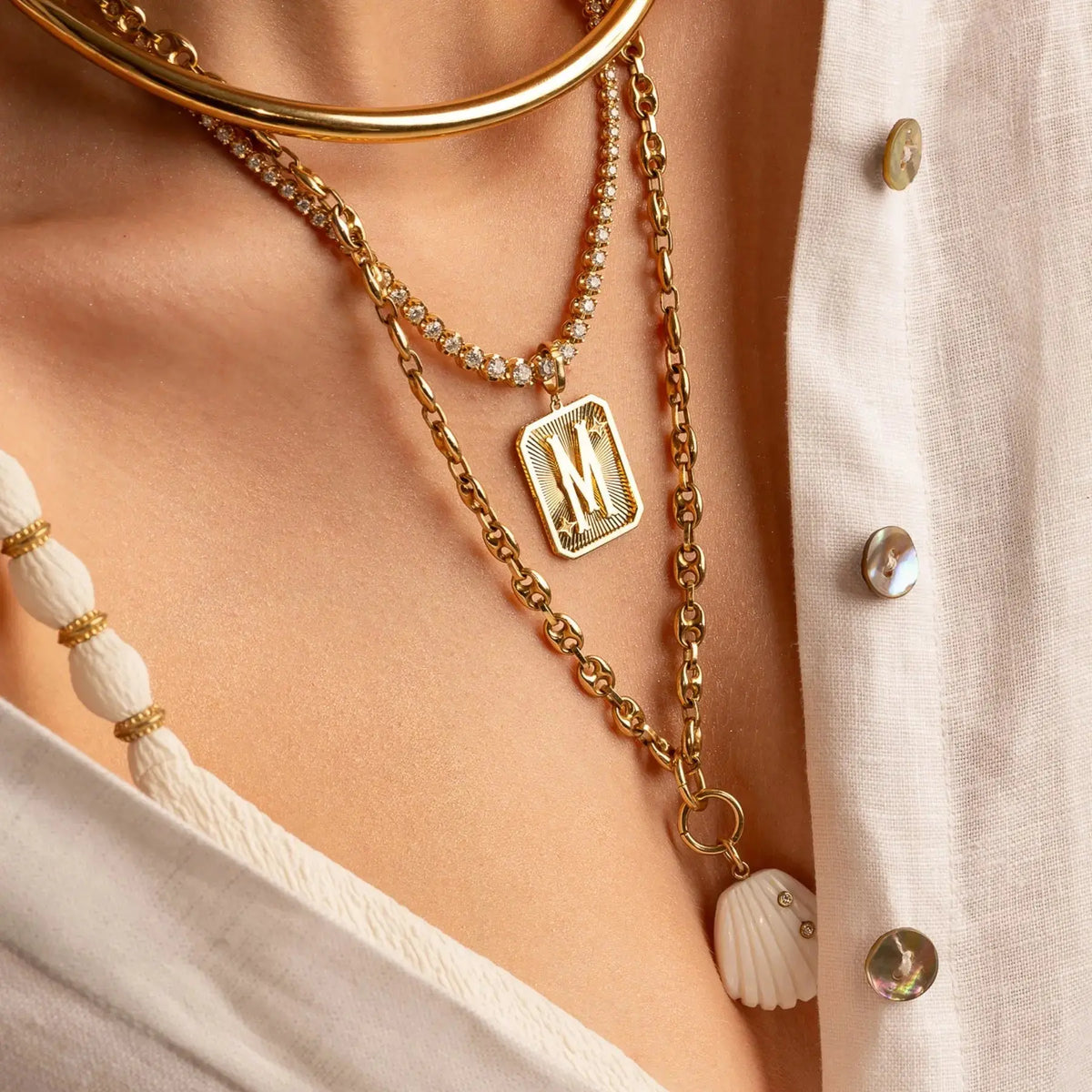 Large Initial Medal Pendant in 18K Yellow Gold, view 29 | JJ Jewelry Miami