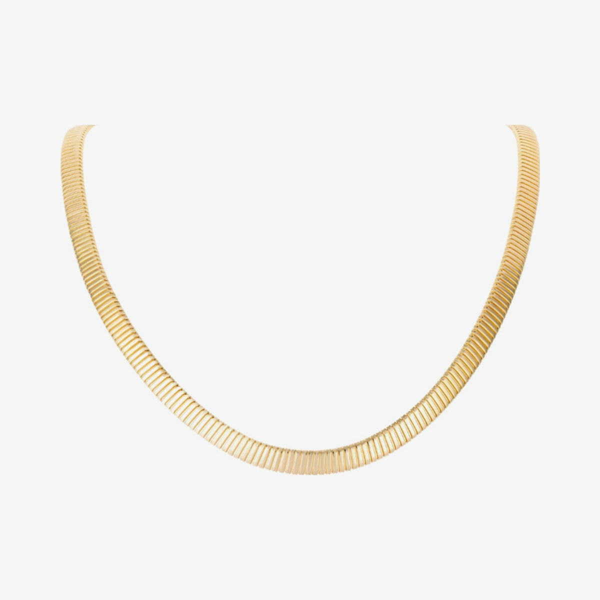 Italian Snake Flexible Necklace in 14K Yellow Gold, gray background | JJ Jewelry Miami