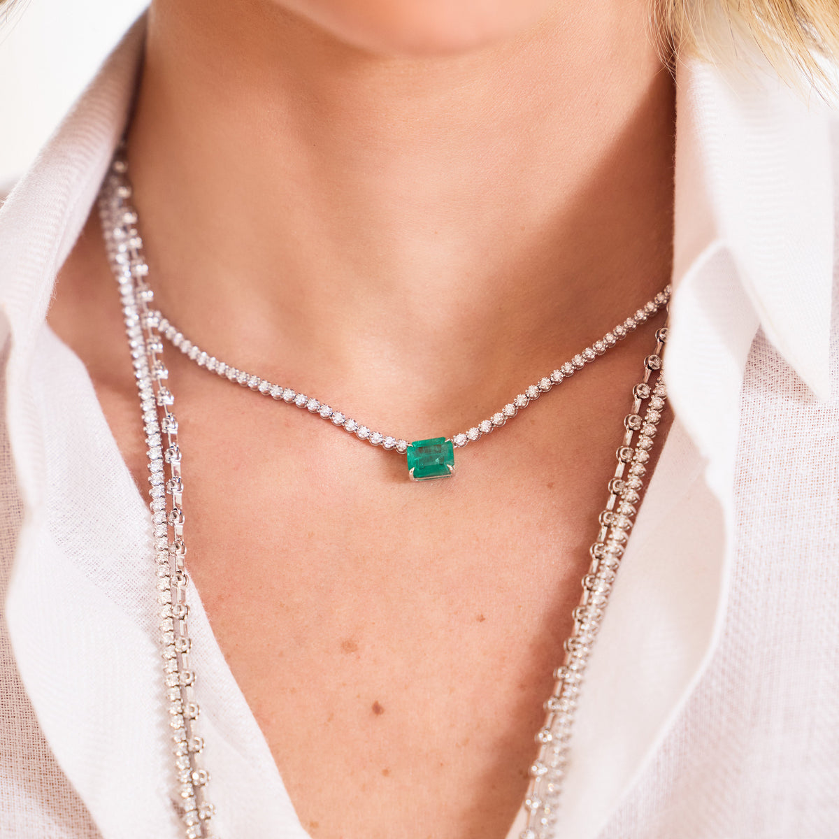 Jenny Emerald and Diamond Tennis Necklace in 18K Gold, view 1 | JJ Jewelry Miami