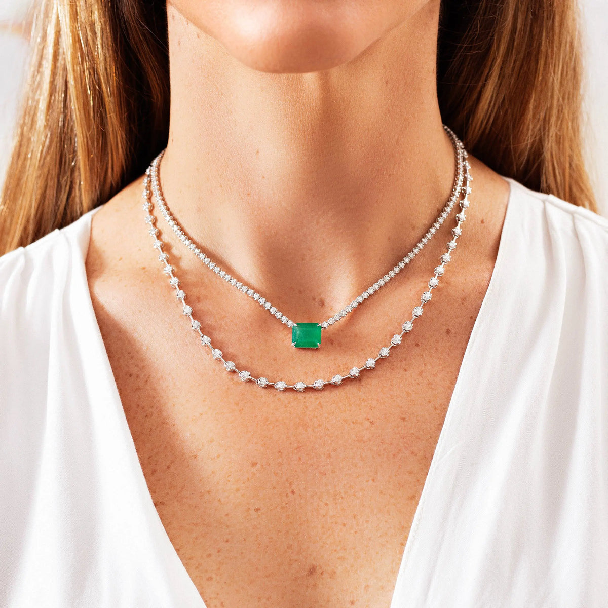 Jessica Emerald and Diamond Full Necklace in 18K Gold, view 2 | JJ Jewelry Miami