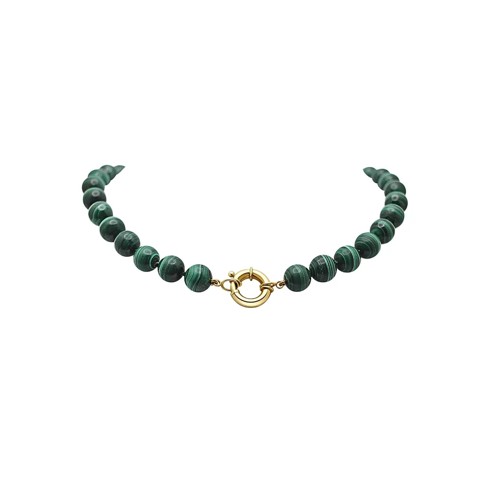 Malachite bead necklace with round 14K yellow gold clasp | JJ Jewelry