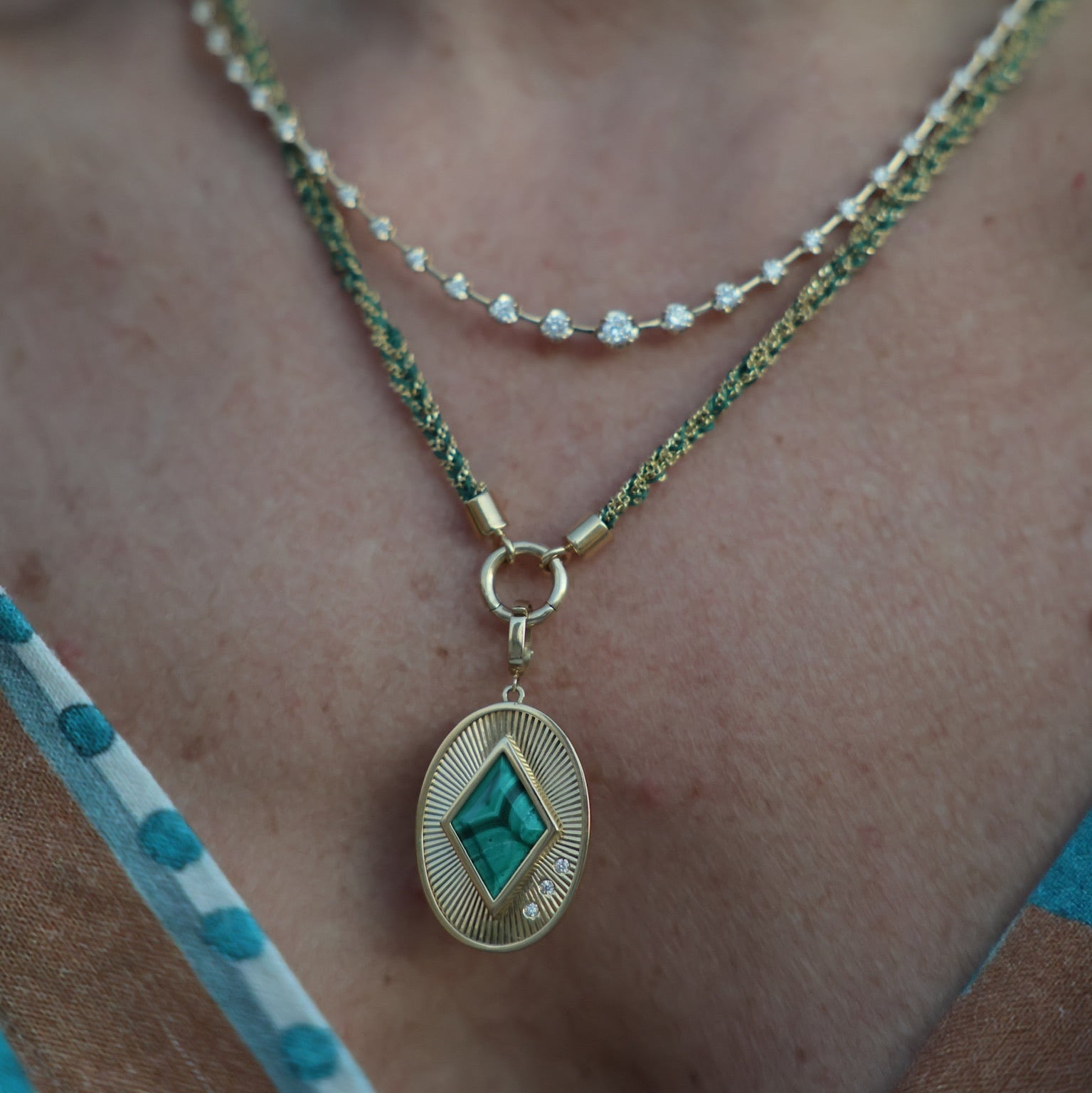 Malachite, Lapis Lazuli & Mother of Pearl Oval Pendant in 18K Yellow Gold